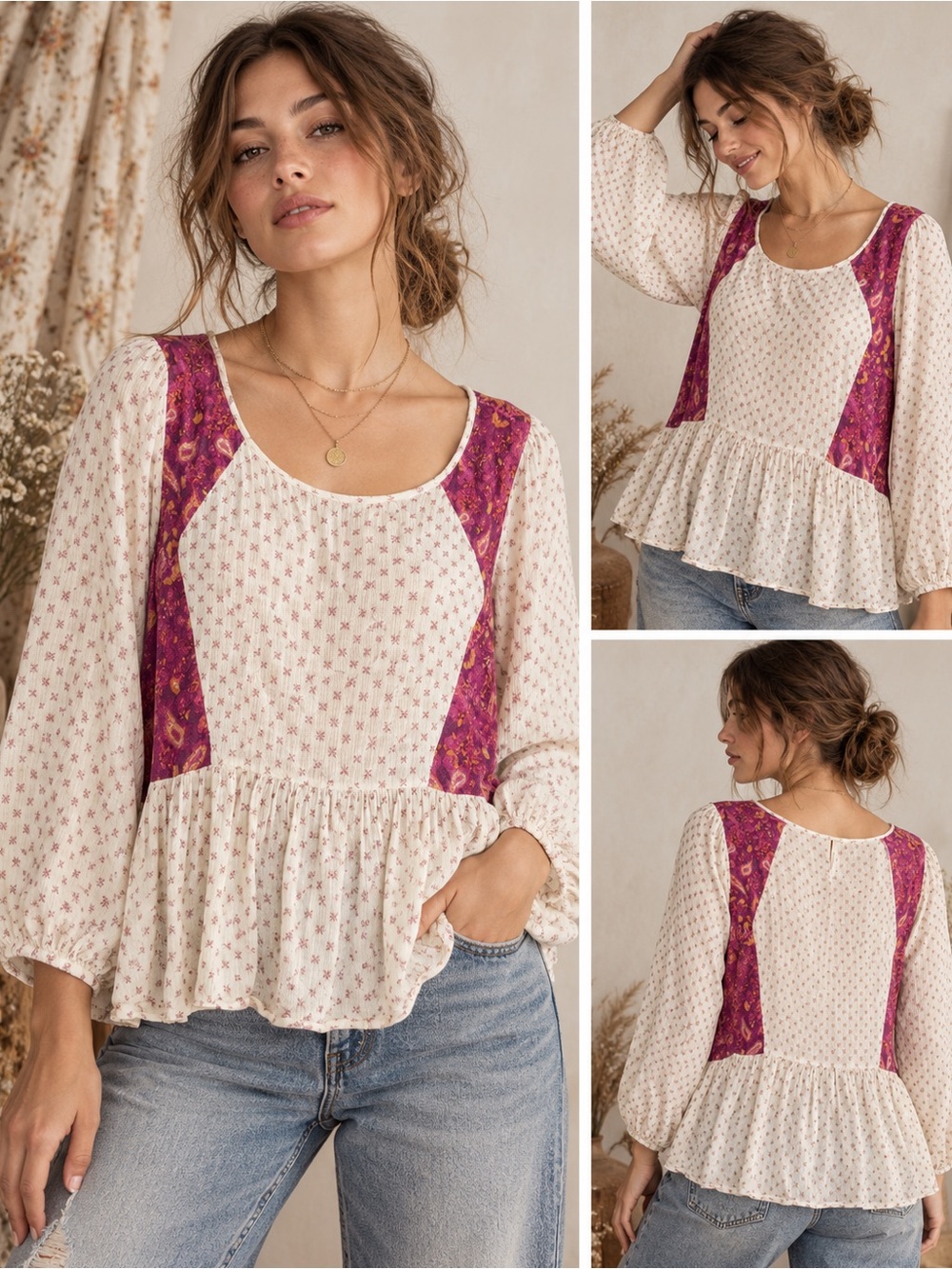 Free People Cream Peasant Top with Magenta Patch Panels